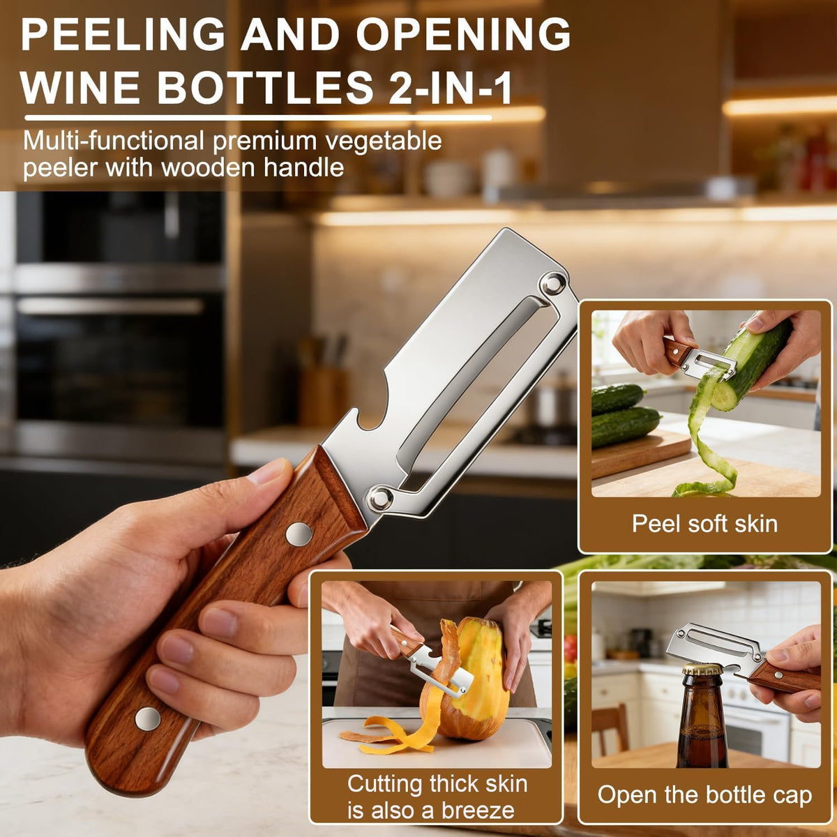 3-in-1 Multi-Functional Vegetable Peeler | Wooden Handle Kitchen Peeler & Bottle Opener