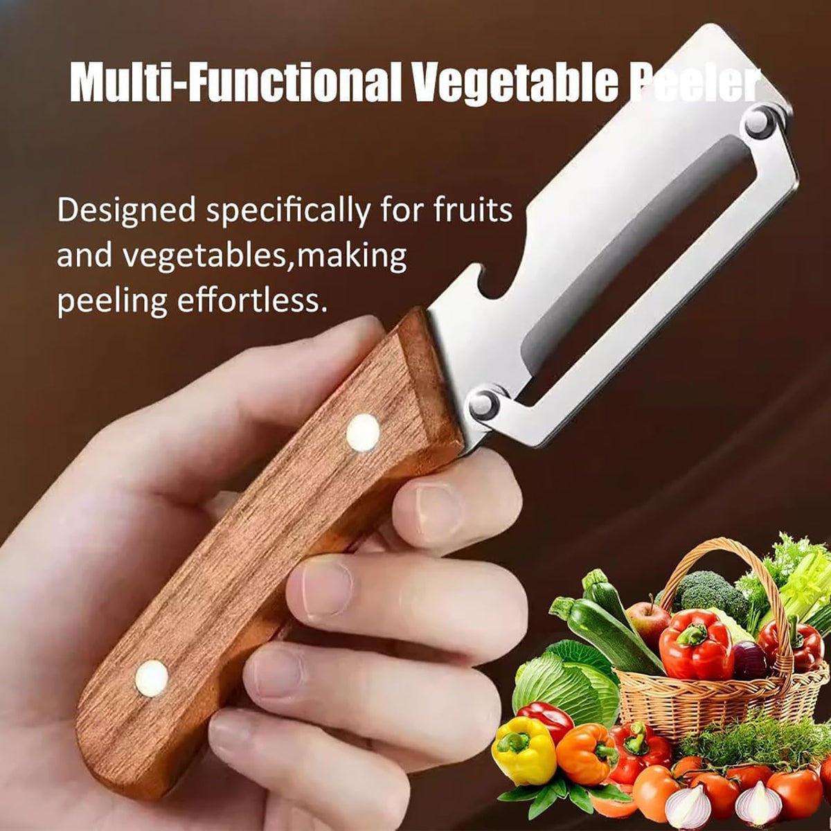 3-in-1 Multi-Functional Vegetable Peeler | Wooden Handle Kitchen Peeler & Bottle Opener