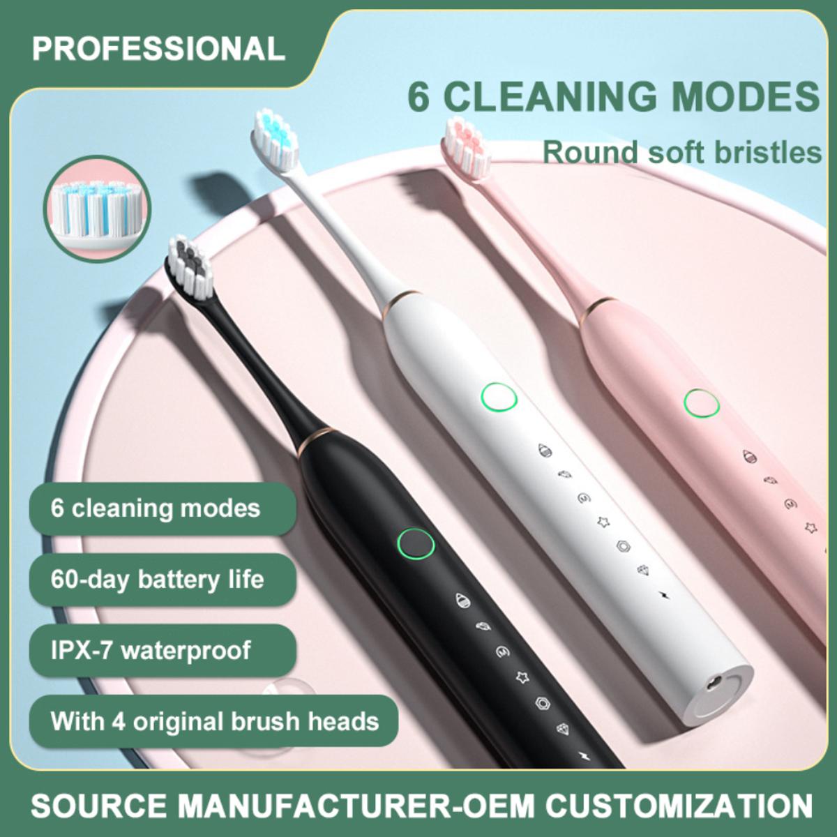 Rechargeable Electric Toothbrush | USB Washable Teeth Whitening Brush with 2 Extra Heads